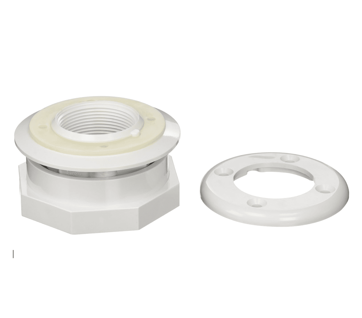 Two parts of a Pentair 86205100 1-1/2-Inch White Vinyl Liner Return Inlet Fitting with Screws replacement pool and spa fitting isolated on a white background.